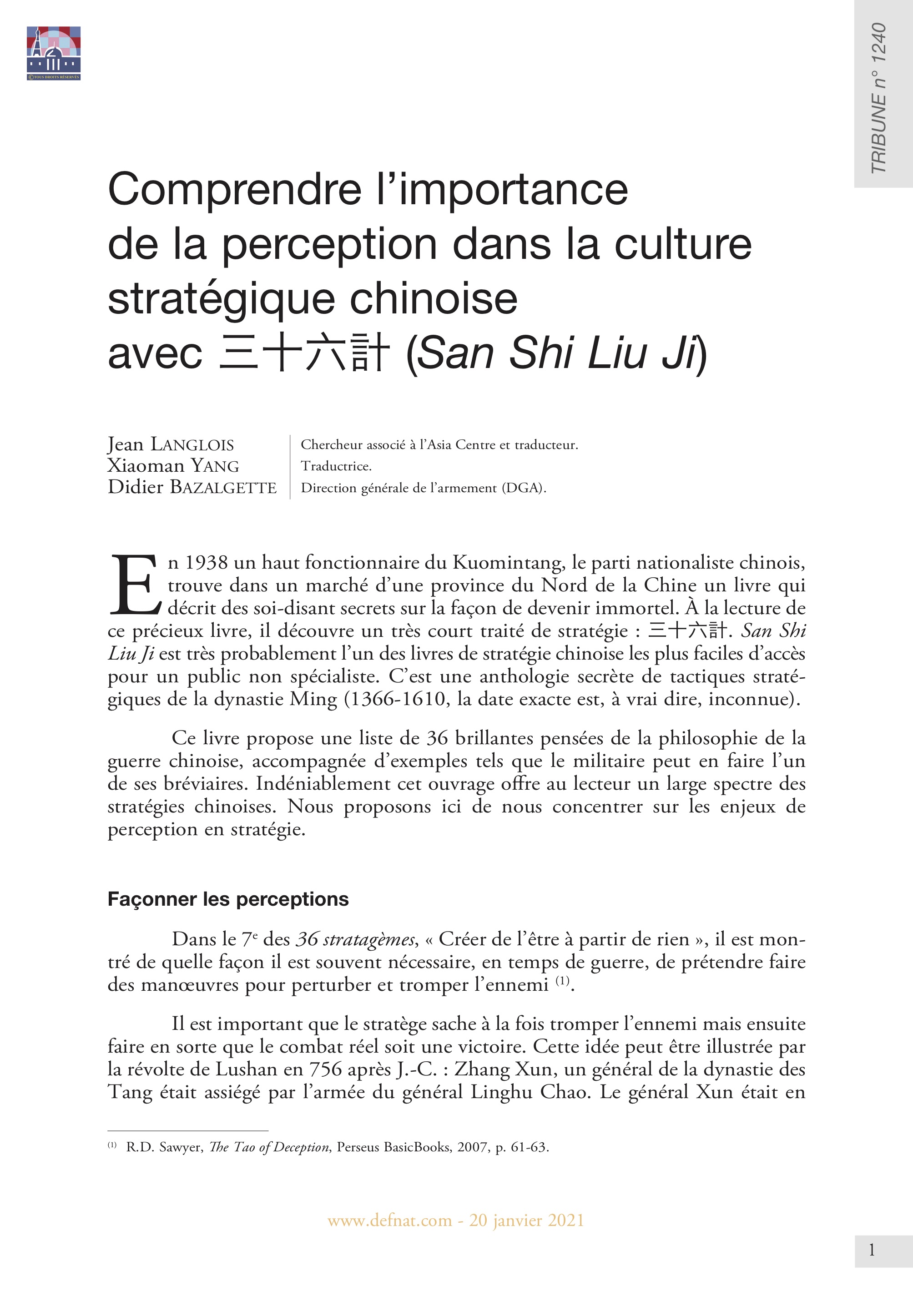 Comprendre l’importance de la perception dans la culture stratégique chinoise avec San Shi Liu Ji (T 1240)
